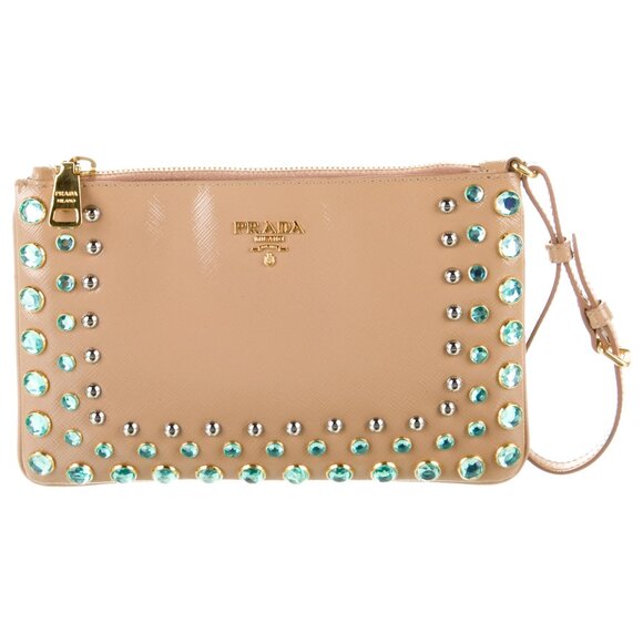 Prada Embellished Saffiano Wristlet- in great condition light tan, authentic - Picture 1 of 6
